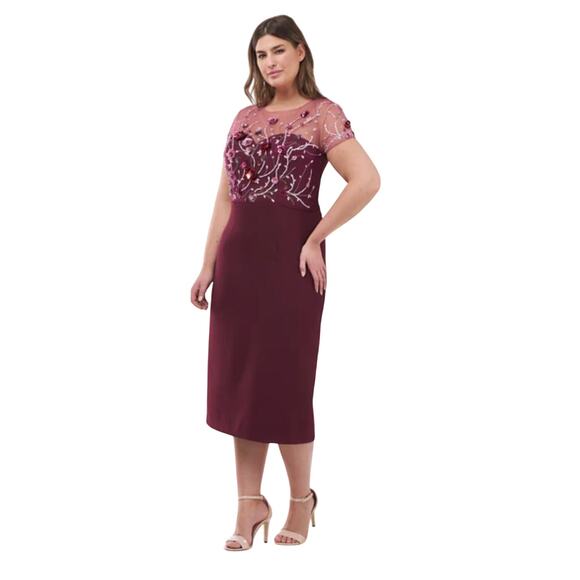 JS Collections Burgundy Red Floral Beaded Illusion Sheath Cocktail Dress - Picture 1 of 10